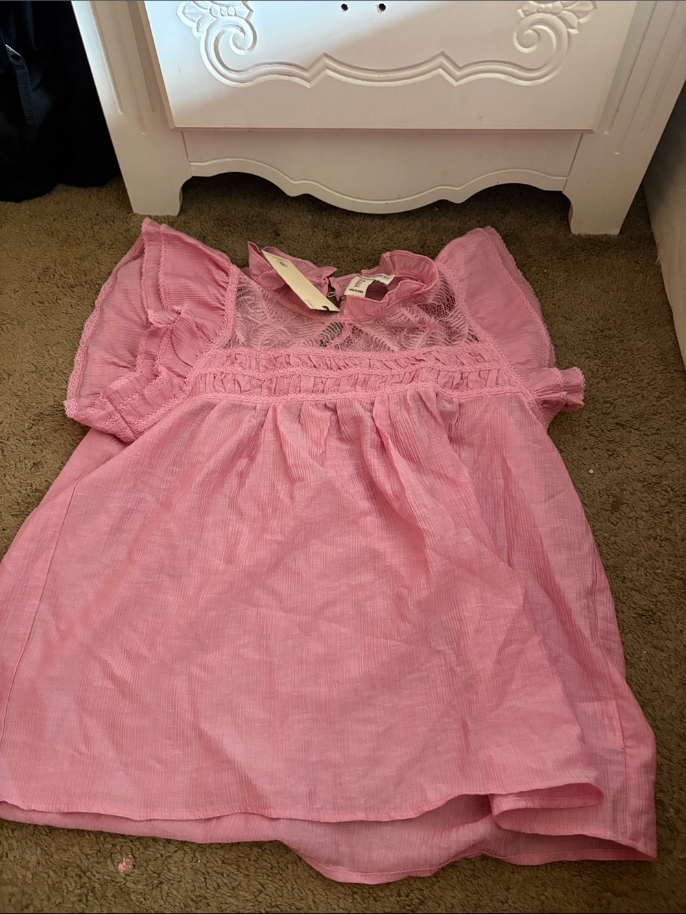 Laura Ashley Pink Lace Yoke Flutter Sleeve Top